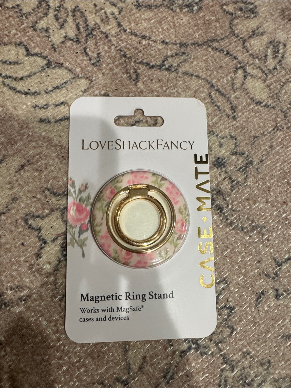 LoveShackFancy Pink Floral Magnetic Ring Stand with Gold Ring